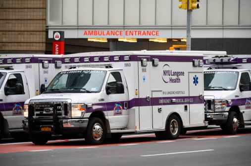 Ambulances lined up outside NYU Langone Health hospital on April 23, 2020 in New York City. Ransomware cases on health care facilities have led to increase in stroke and cardiac arrest cases at hospitals receiving patients from nearby facilities paralyzed by such attacks. (Getty Images)