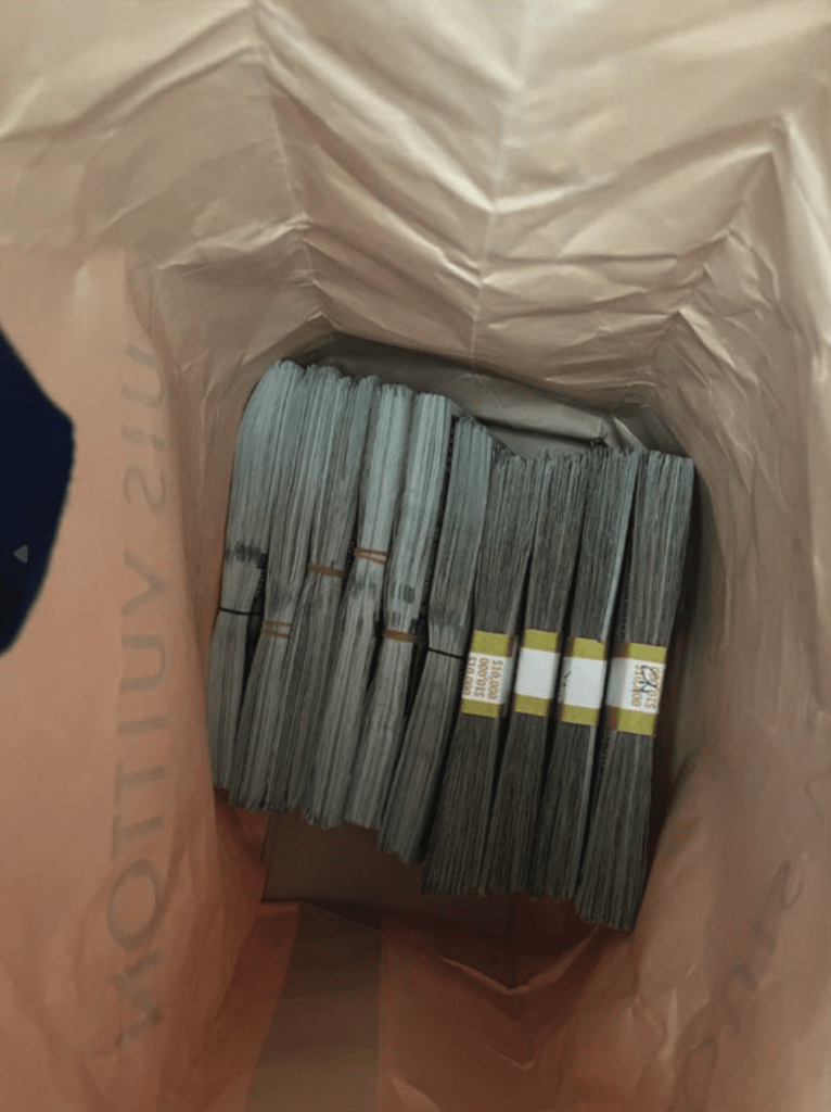 In the indictment filed against Antropenko, authorities included two images of U.S. cash in a Louis Vuitton shopping bag that investigators said they found on Bednarchik’s iCloud account. Metadata from the photos showed they were taken within 21 seconds of each other on April 10, 2022.
