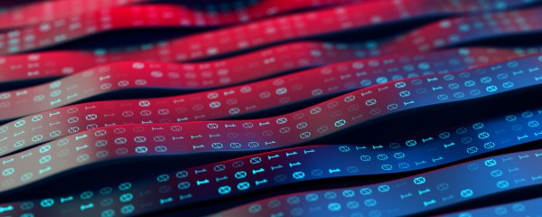 Abstract binary code rippling on waving ribbons.